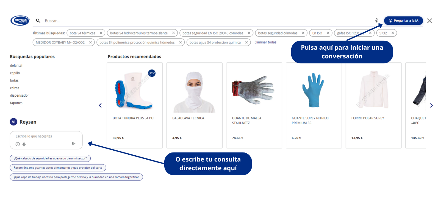 O nosso assistente de IA para encontrar EPI, calçado de segurança, vestuário de trabalho e vestuário descartável em poucos segundos.